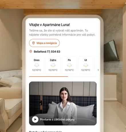 Úvodná obrazovka sprievodcu s adresou, počasím a uvítacím videom